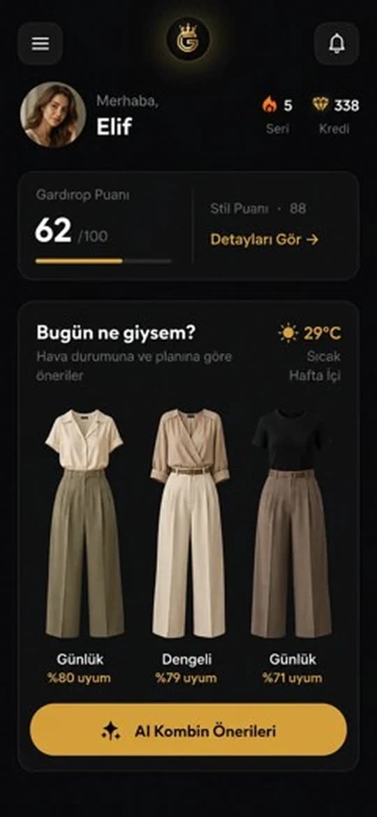 GiyOX ana ekranı: günün kombin önerileri ve gardırop puanı